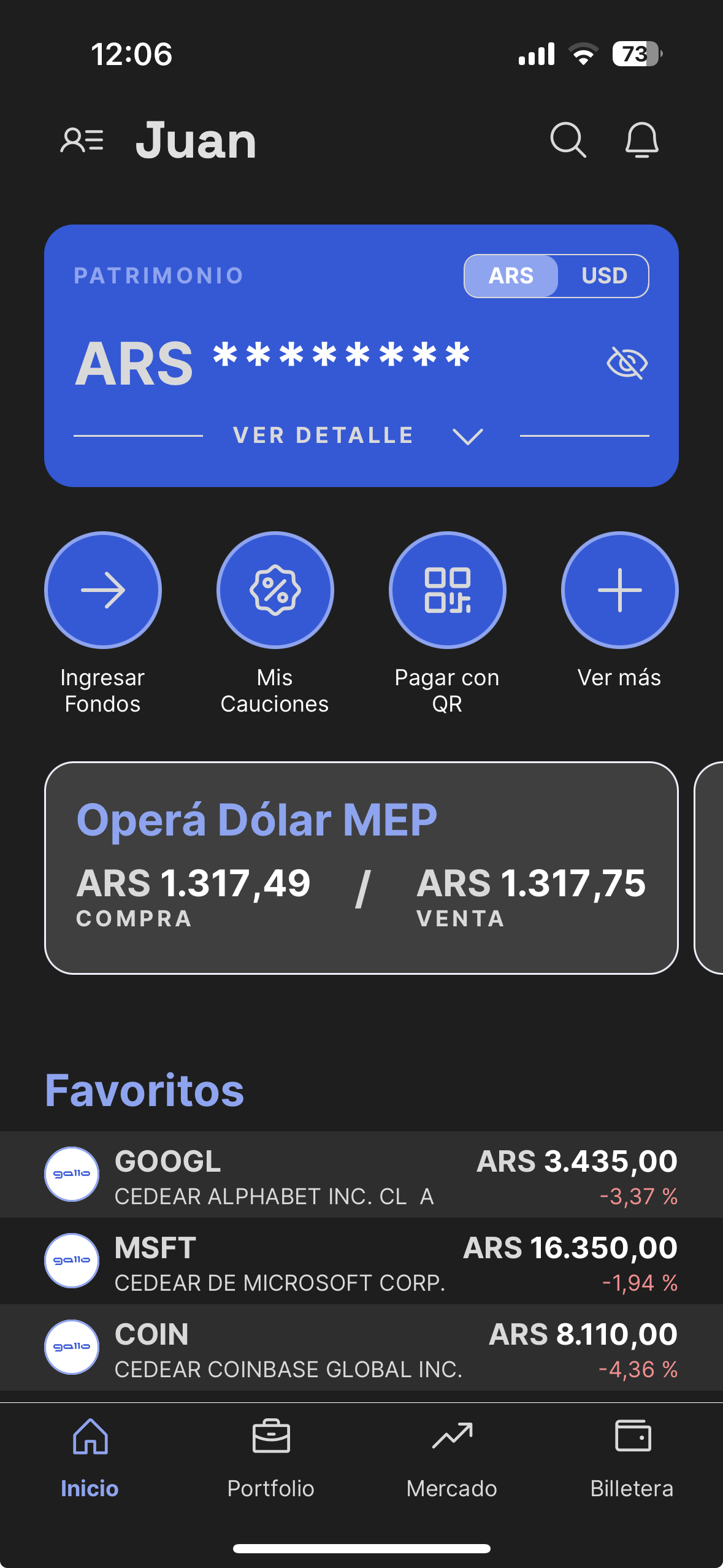 App Home Broker en modo oscuro: patrimonio, accesos a la operatoria e instrumentos seguidos