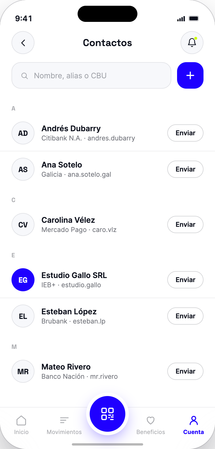Billetera white-label: contactos guardados con alias y envío directo