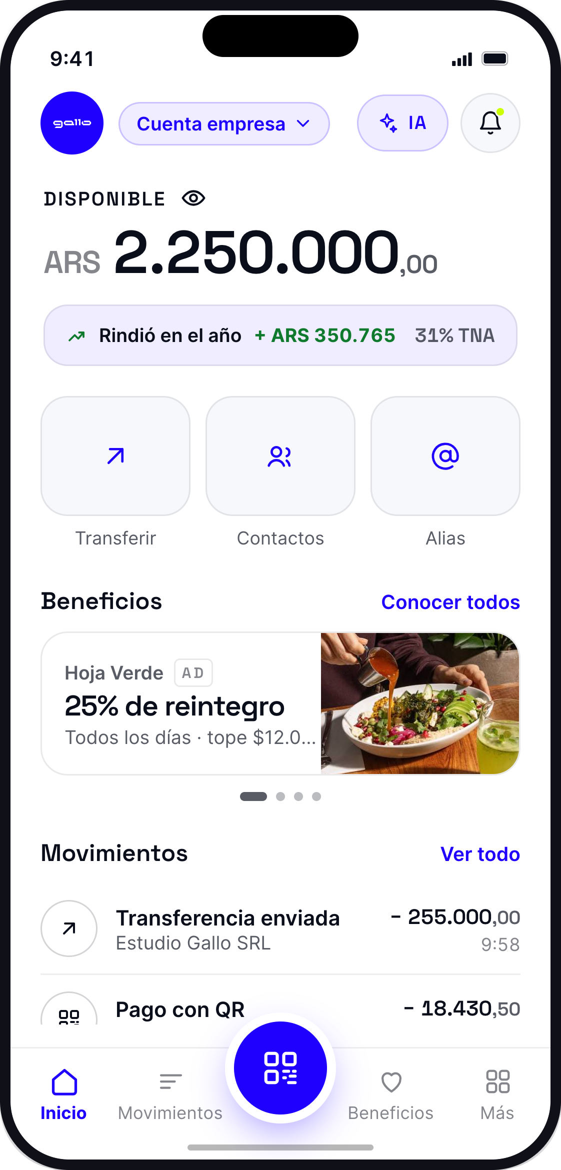 Billetera white-label: cuenta empresa con saldo disponible, rendimiento y accesos a transferir, contactos y alias