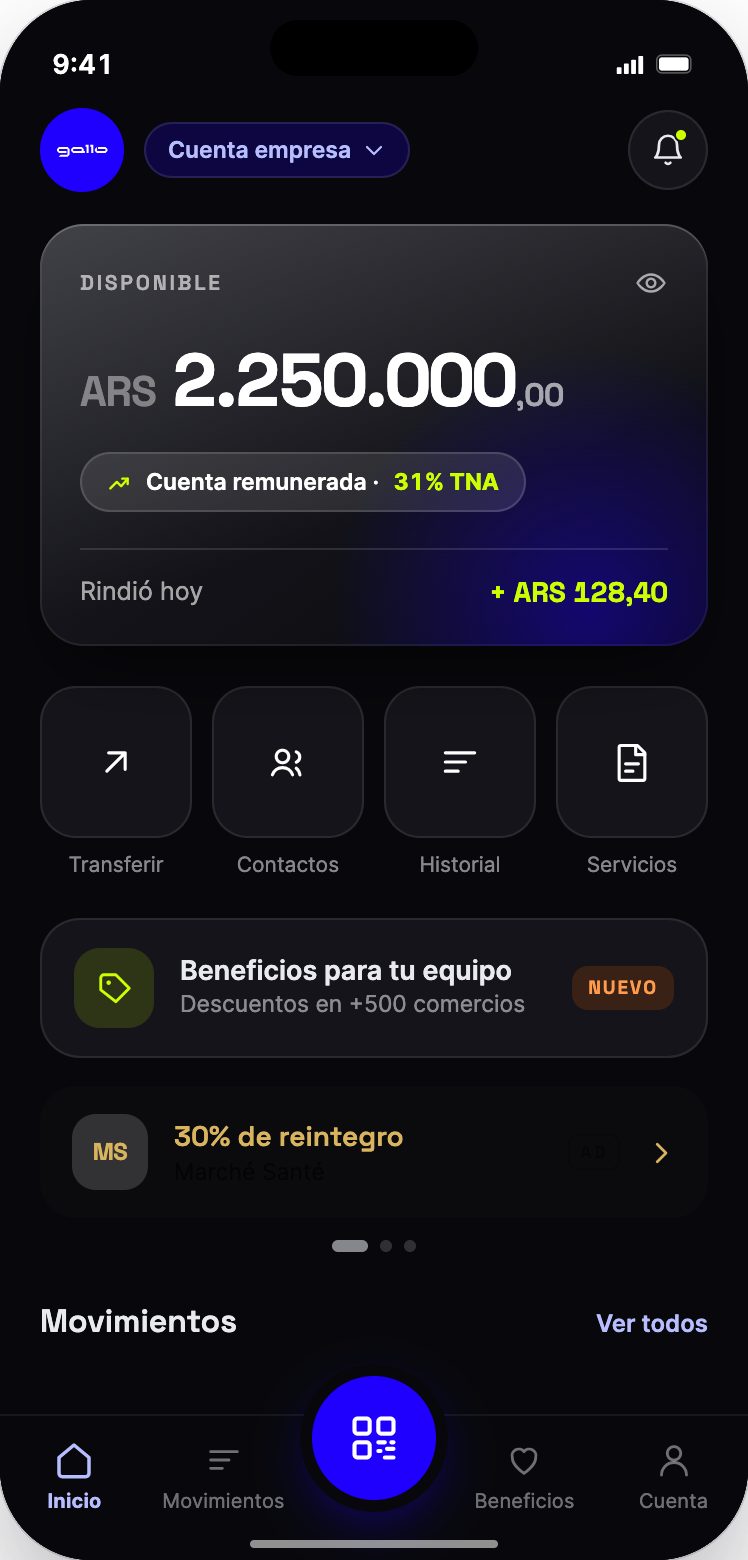 Billetera white-label: inicio con saldo disponible, rendimiento del día y accesos rápidos