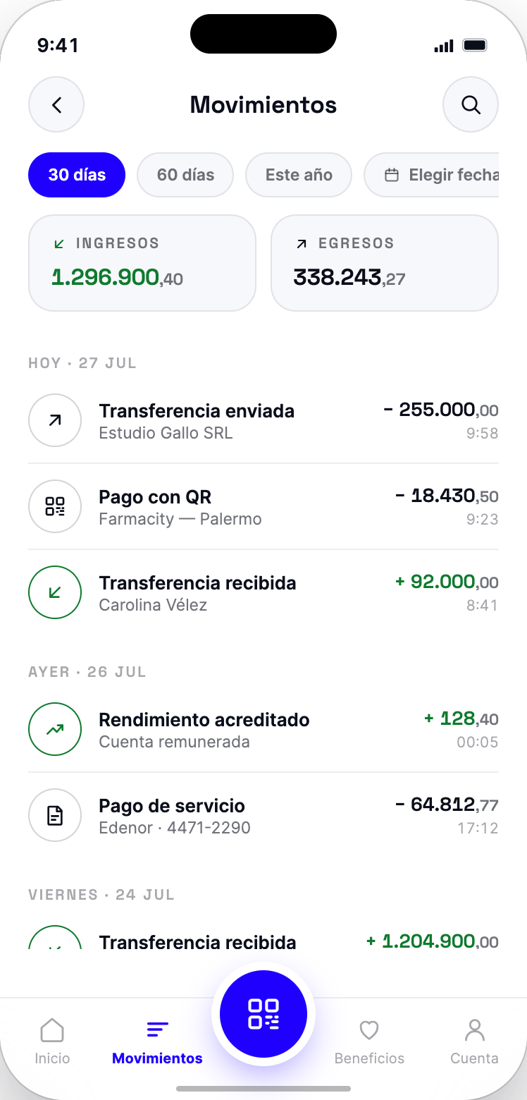 Billetera white-label: movimientos con ingresos, egresos y detalle de cada operación