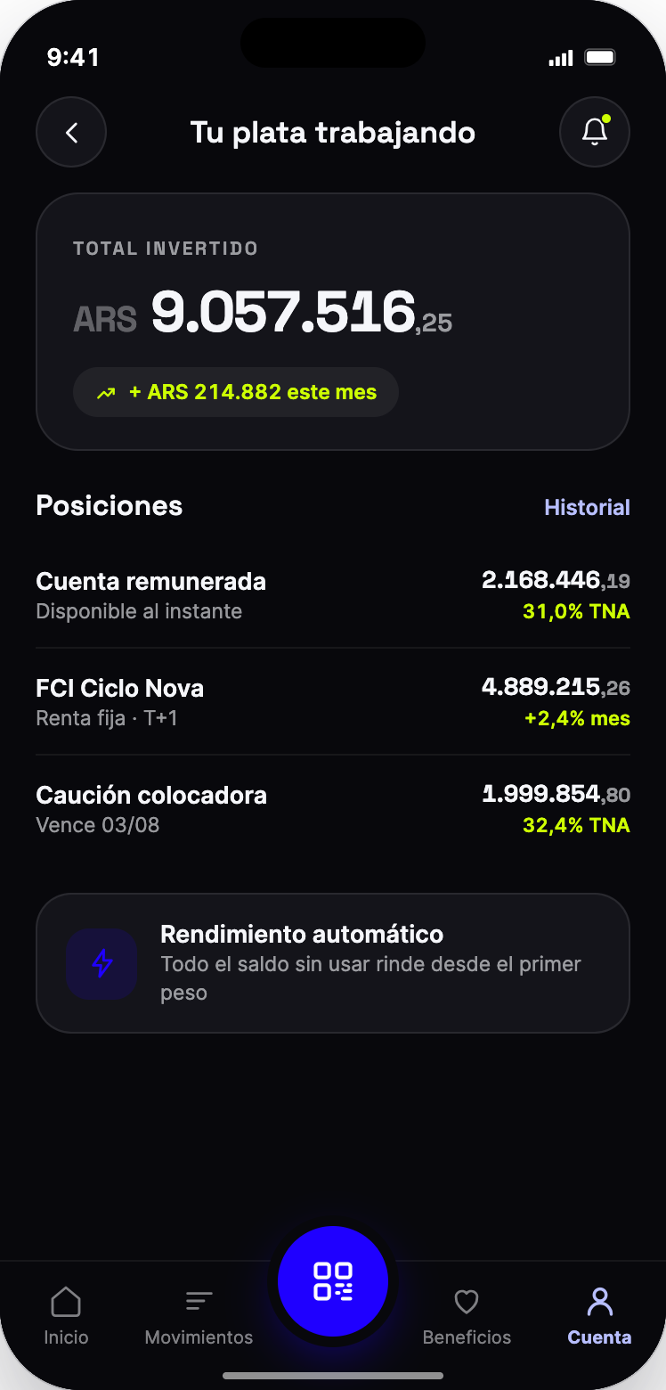 Billetera white-label: total invertido, posiciones y rendimiento automático del saldo