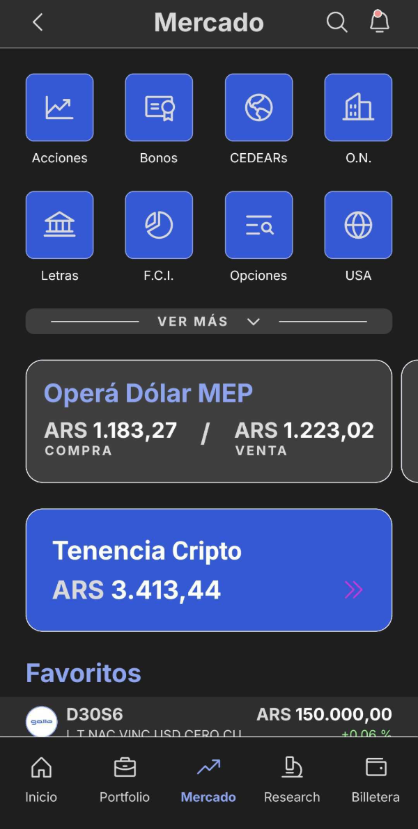 App: pantalla de Mercado con las categorías de inversión y la tarjeta “Tenencia Cripto”