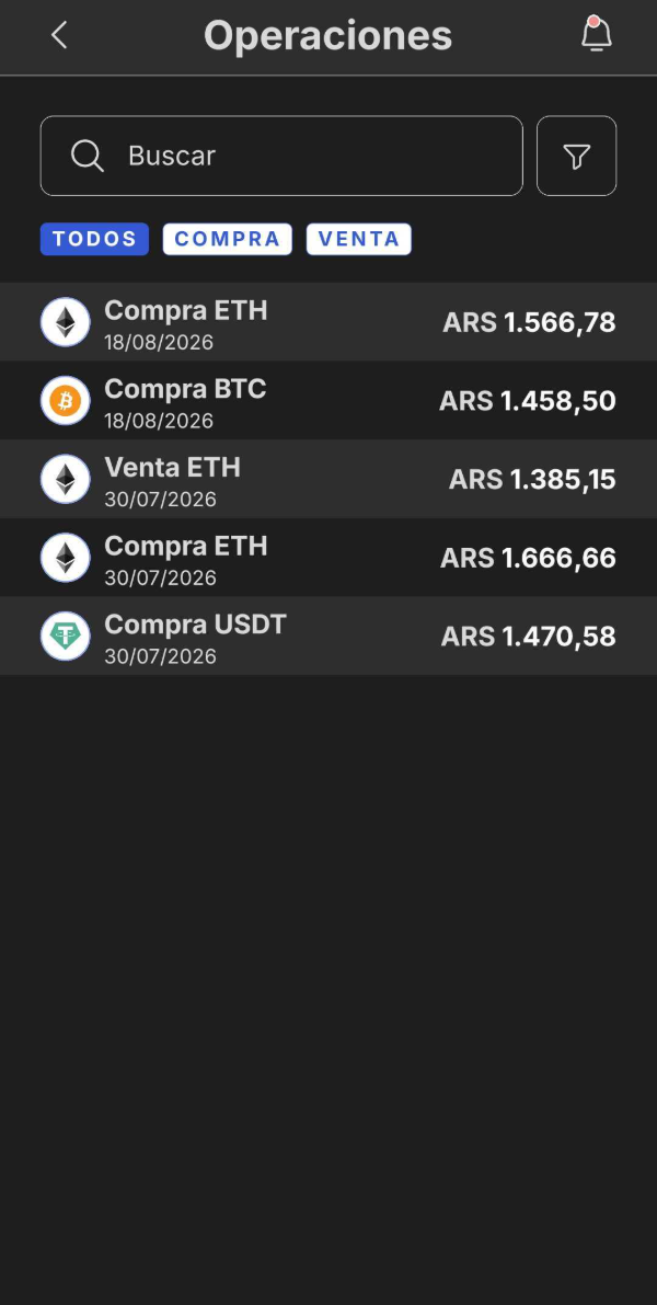 App: listado de operaciones de compra y venta de ETH, BTC y USDT