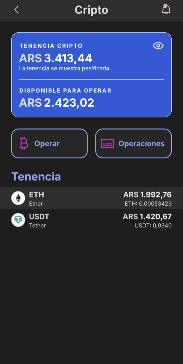 App: tenencia cripto con total, disponible para operar y detalle de ETH y USDT