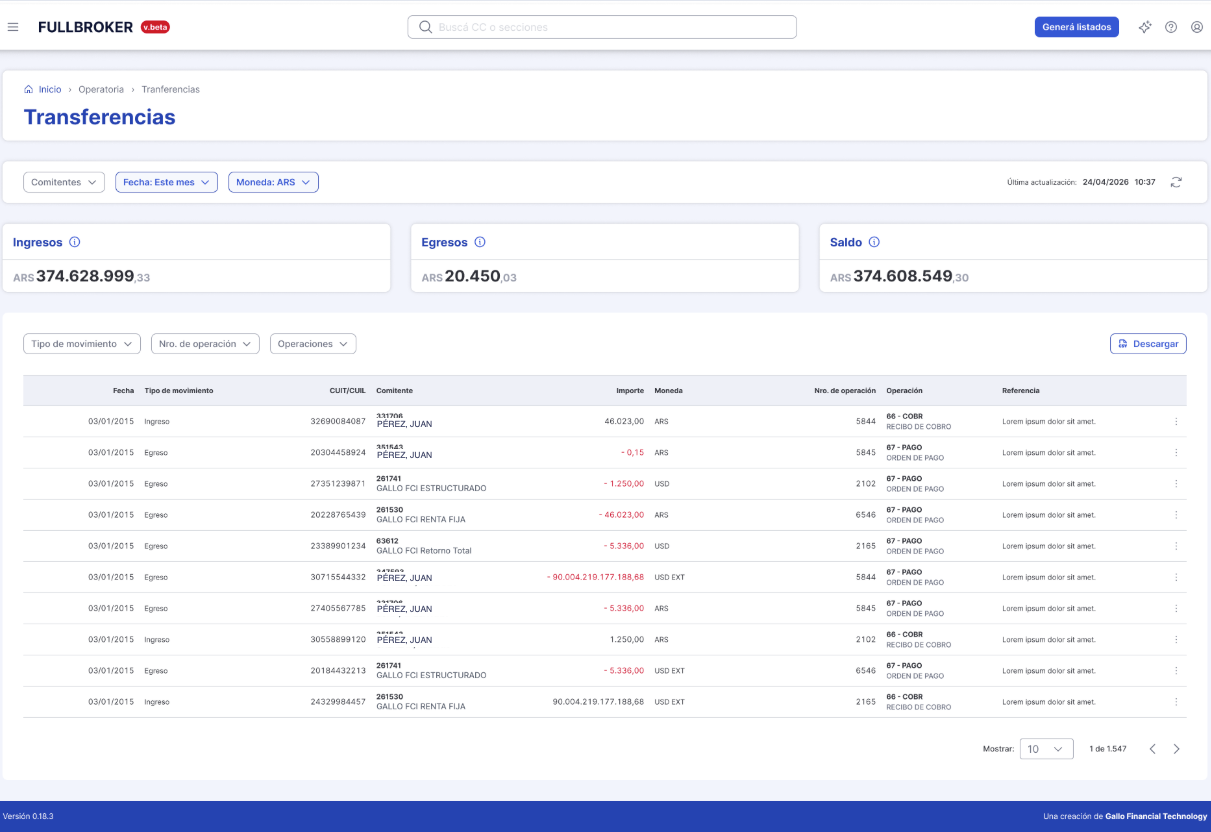 Full Broker: movimientos, boletos y transferencias con ingresos, egresos, saldo y detalle por comitente y operación