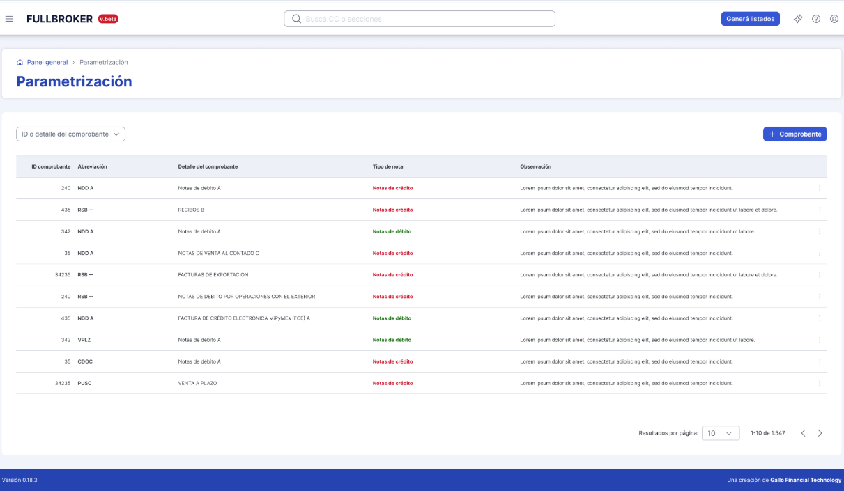 Full Broker: parametrización de comprobantes con ID, abreviación, detalle, tipo de nota y observaciones