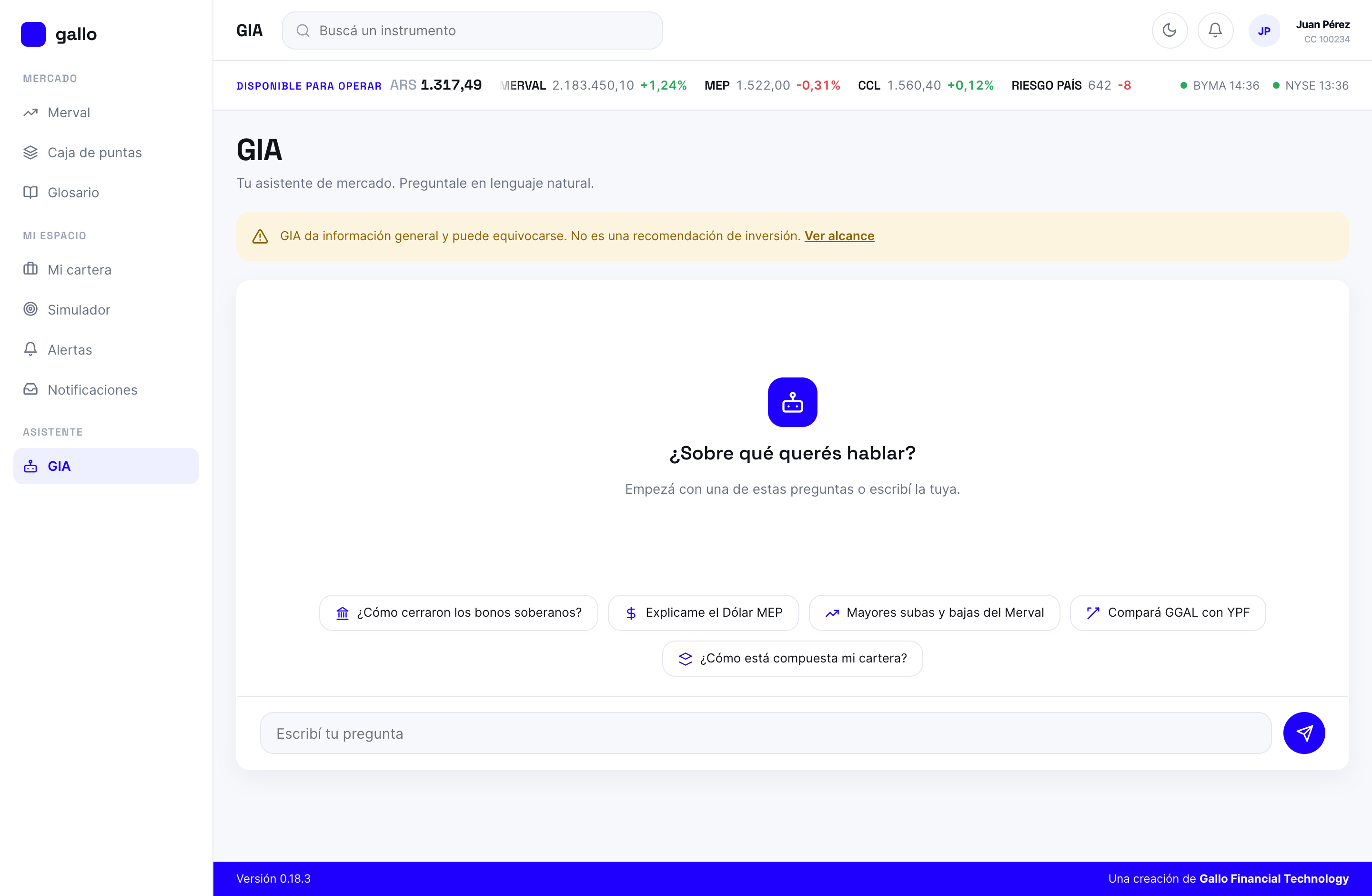 Pulso: GIA, asistente de mercado con preguntas sugeridas sobre bonos soberanos, dólar MEP, subas y bajas del Merval y composición de la cartera