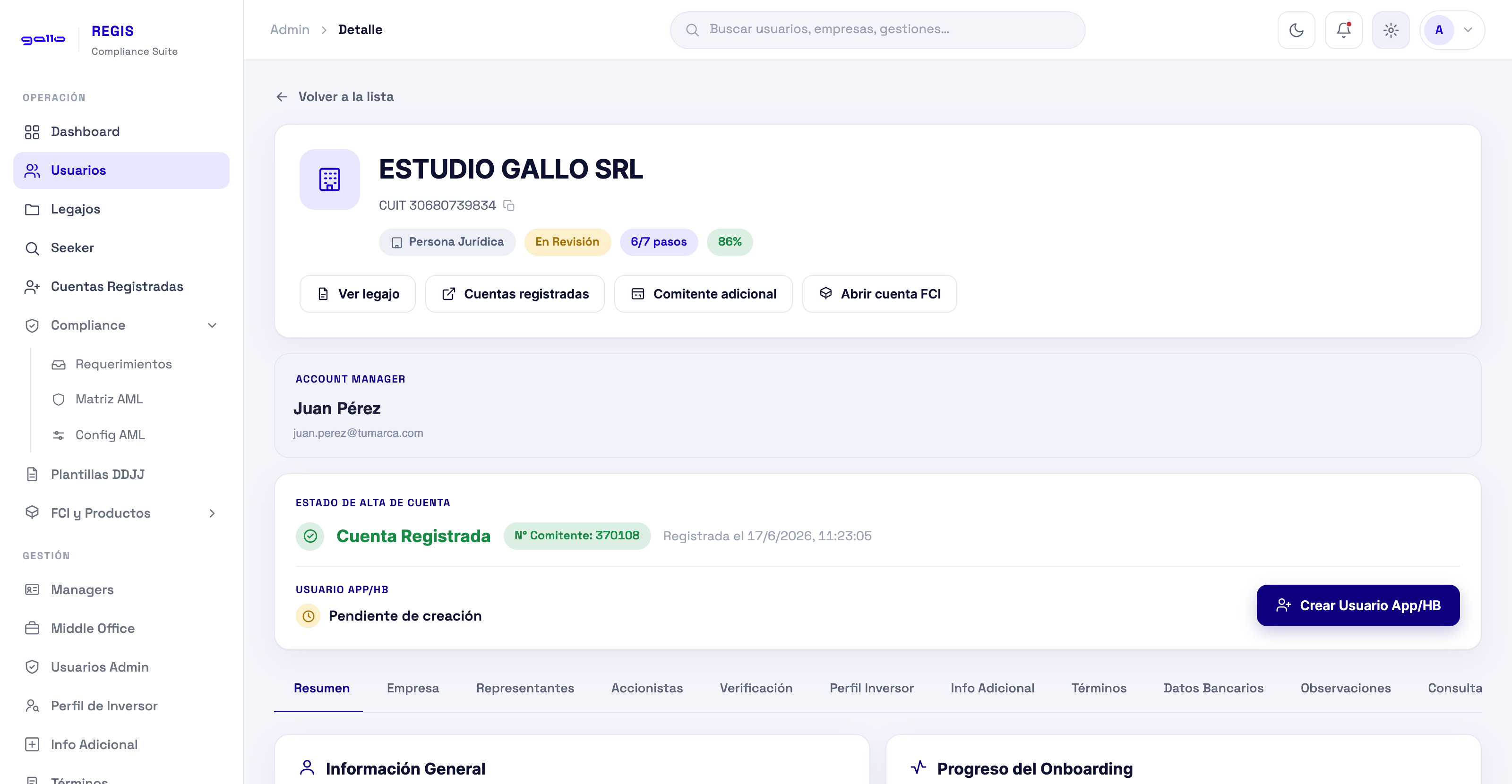 REGIS: detalle de legajo de una persona jurídica con estado del alta, responsable y progreso del onboarding
