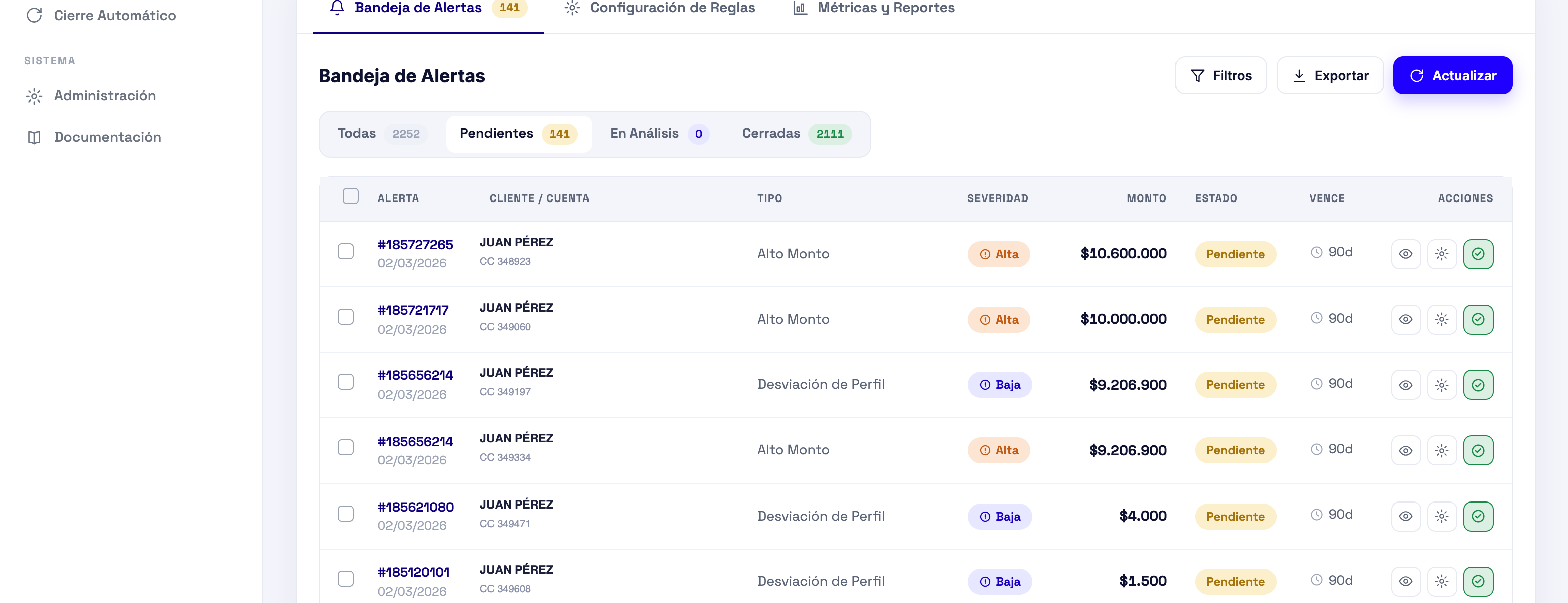 SIGIL: bandeja de alertas con cliente, tipo de alerta, severidad, monto, estado y vencimiento