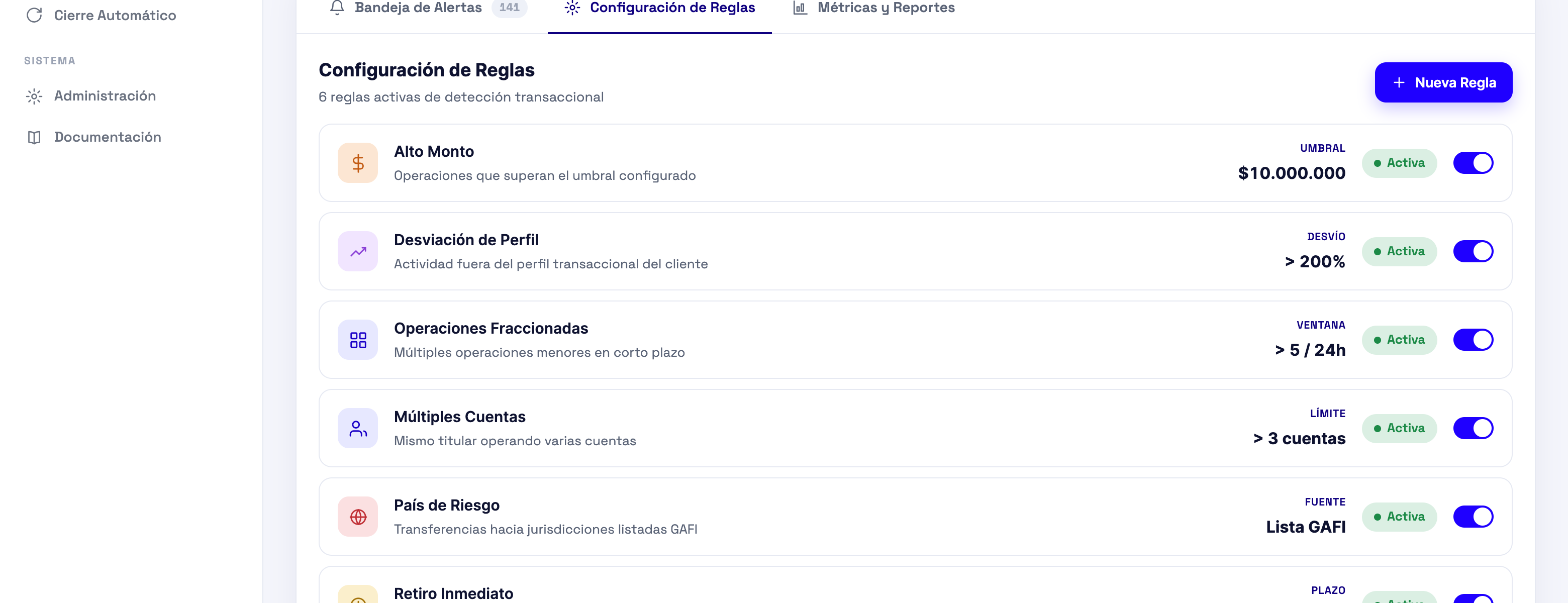 SIGIL: configuración de reglas de detección con umbral, ventana, límite y estado de cada regla